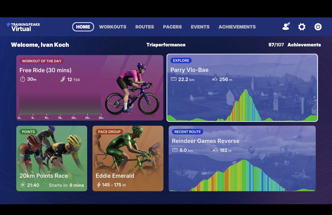 TrainingPeaks Virtual: pantalla de inicio con el entrenamiento del día y rutas
