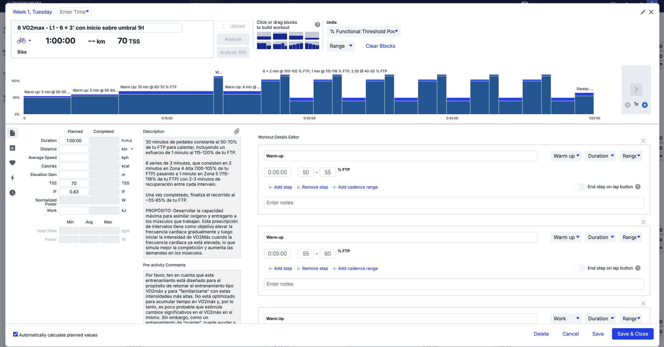 Una sesión de VO2max abierta en TrainingPeaks, con los bloques de intervalos y la descripción