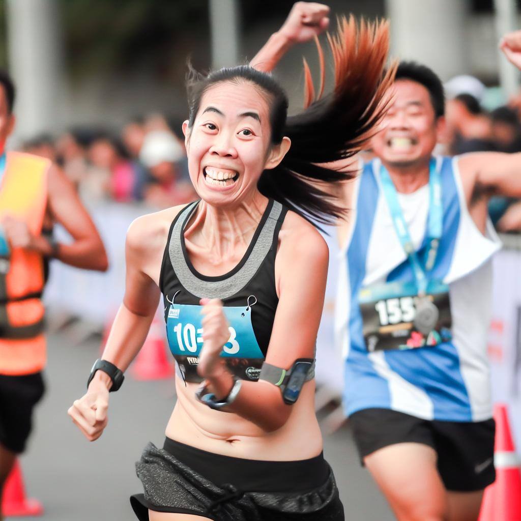 A person crossing the finish line of a 10k race, surrounded by cheering spectators and other runners. The person is smiling triumphantly and wearing a running bib.