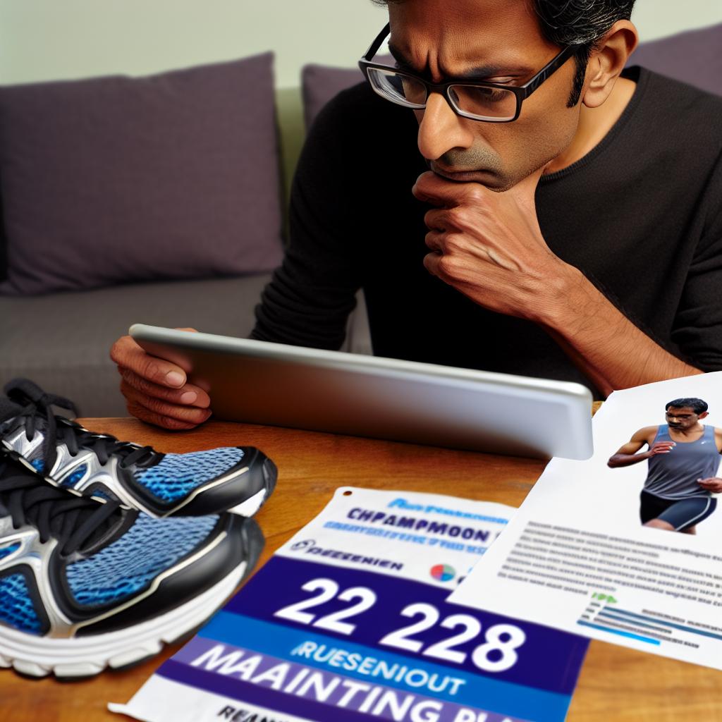 A person reviewing a detailed training plan on a tablet, with a marathon bib and running shoes nearby.