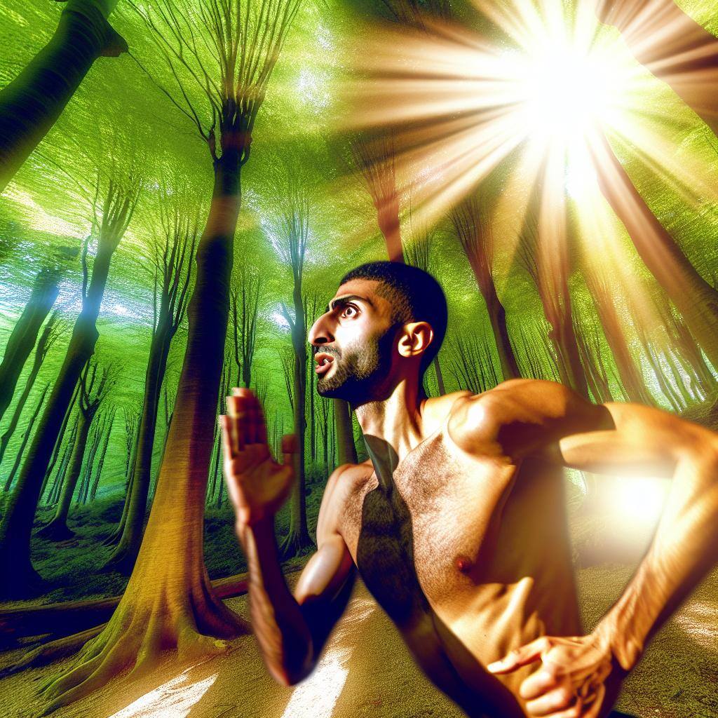 A person running through a lush forest, surrounded by towering trees and dappled sunlight filtering through the leaves. The runner's face is focused and determined, showing dedication to their training.