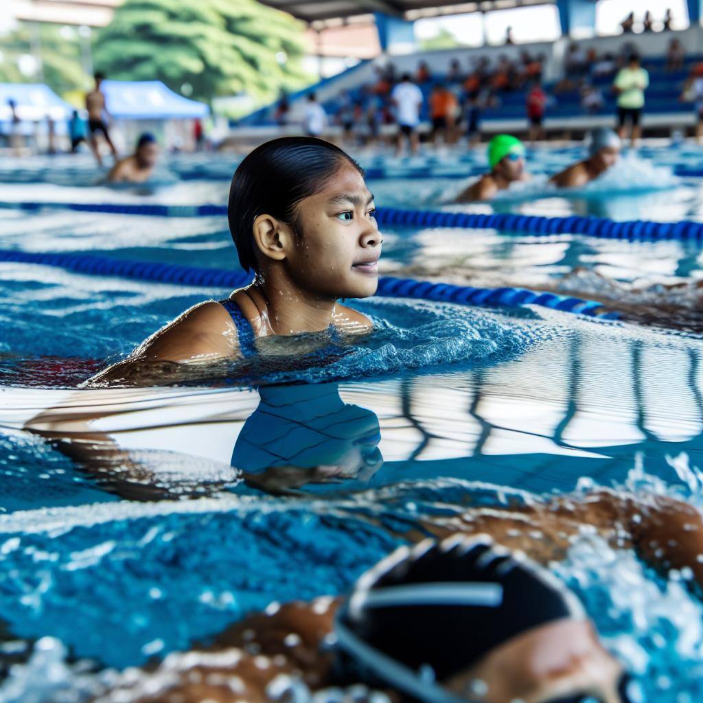 A person swimming in a pool with focused determination, surrounded by other swimmers. The water is clear and the swimmer's form is strong and efficient. The pool is busy with other athletes training.