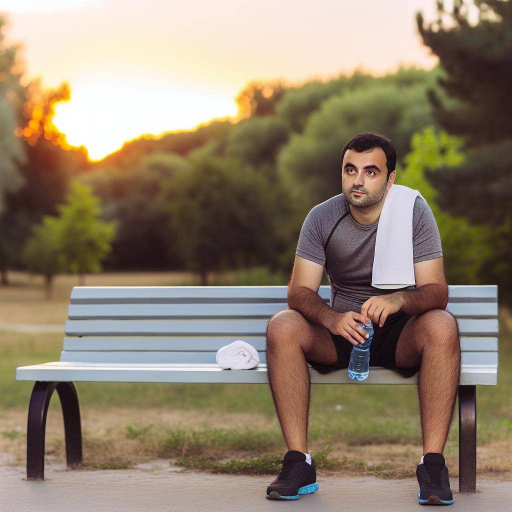 A runner sitting on a bench in a peaceful park, taking a break from training, with a water bottle and a towel next to them. The sun is setting in the background, casting a warm glow over the scene.