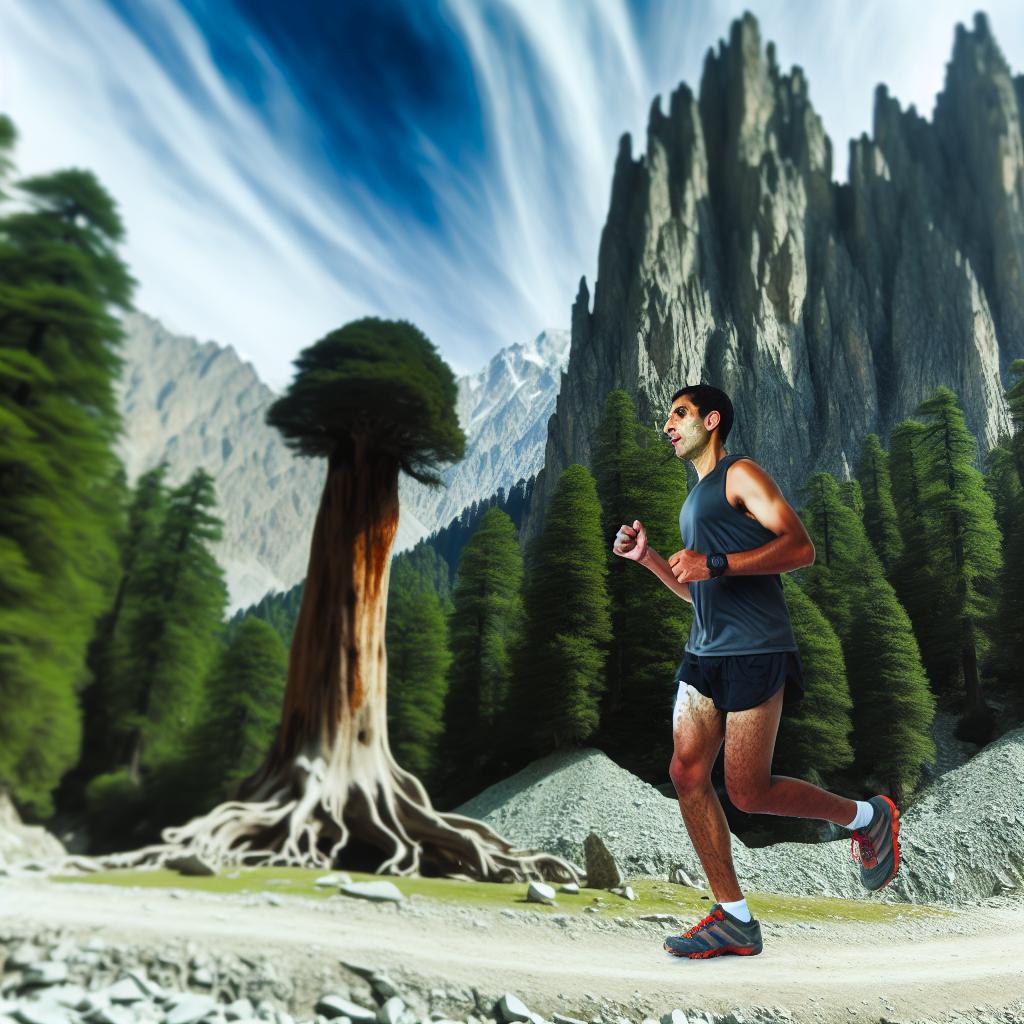 An athlete running along a scenic trail with mountains in the background, focused and determined.