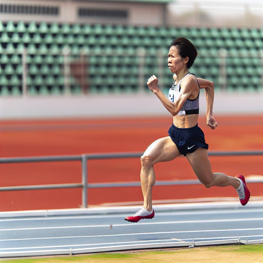 Un atleta corriendo en una pista de atletismo, con una expresión determinada en su rostro mientras se esfuerza por alcanzar su máximo potencial.