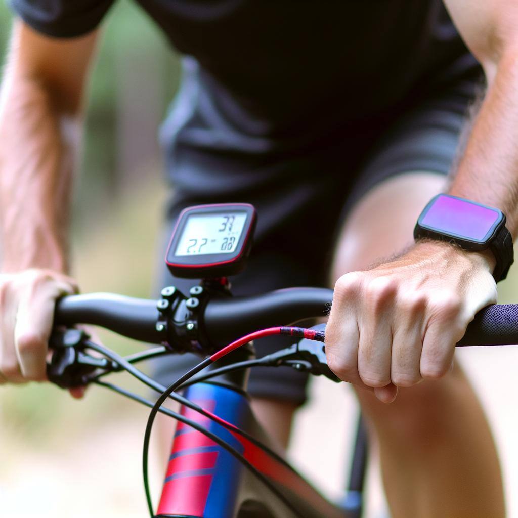 Un ciclista pedaleando con intensidad en una bicicleta en la montaña, con un medidor de potencia en el manillar mostrando datos en tiempo real.