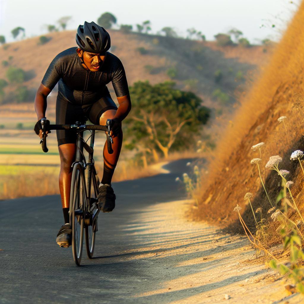 Un ciclista recorriendo una empinada colina con determinación y esfuerzo, mostrando su resistencia y fuerza física.