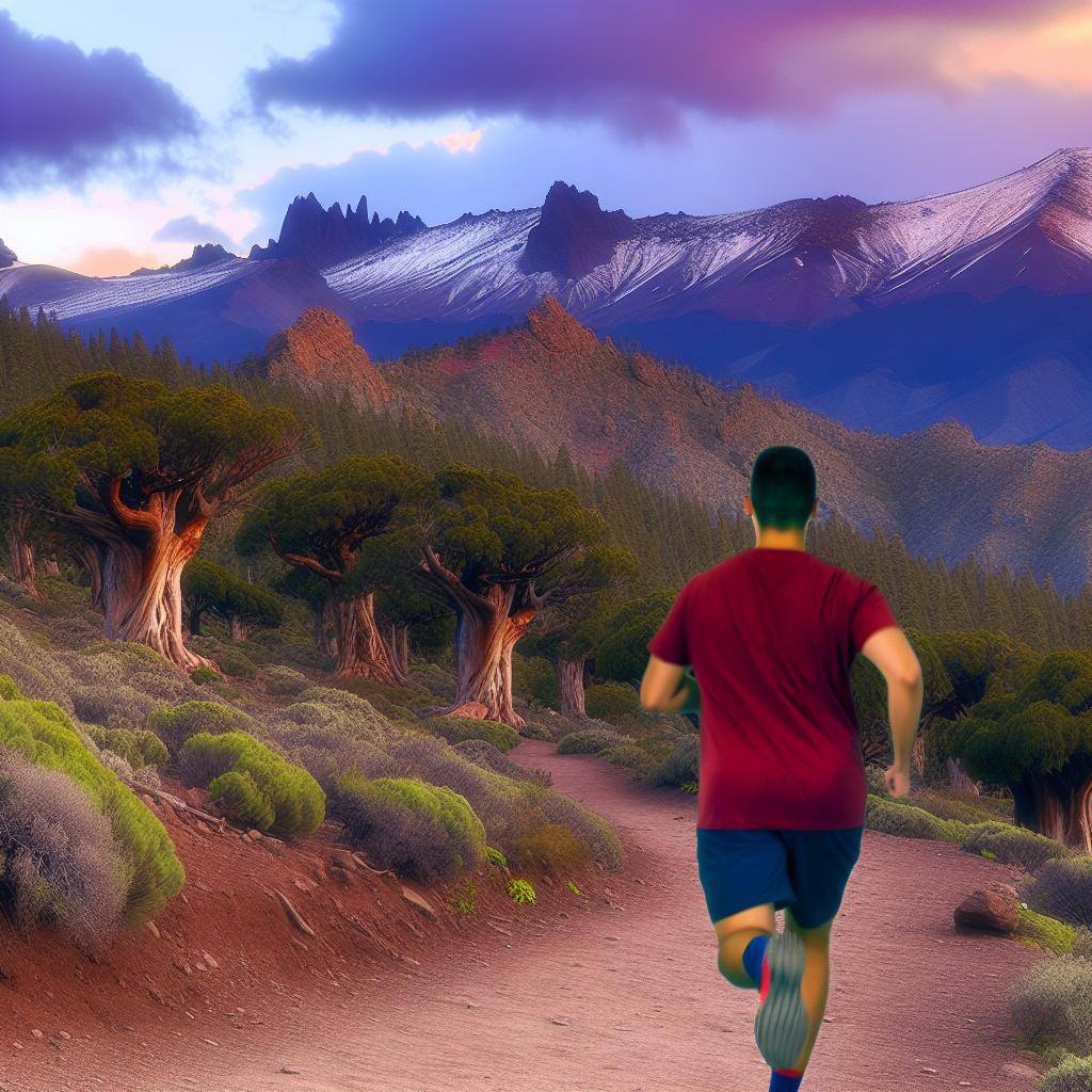 Una persona corriendo por un camino de montaña, con una vista panorámica del paisaje natural alrededor.